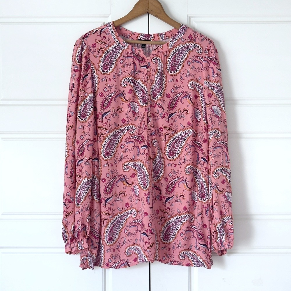 Talbots Floral Paisley 1/2 Button Up Popover Tunic Top Womens XL Pink Rayon
